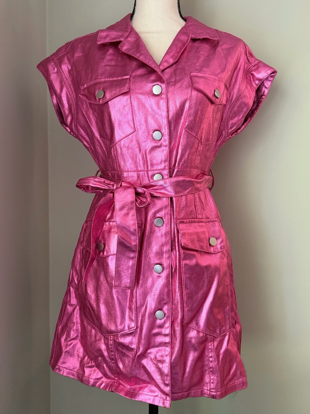 Peach Love | California Metallic Pink Utility Shirt Dress Belted | S